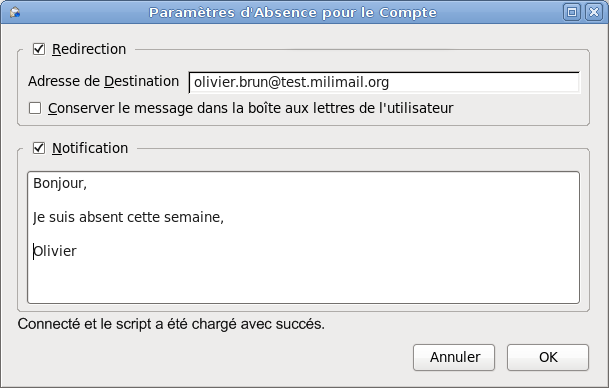 Configuration des paramètres d'absence et de redirection de l'utilisateur.