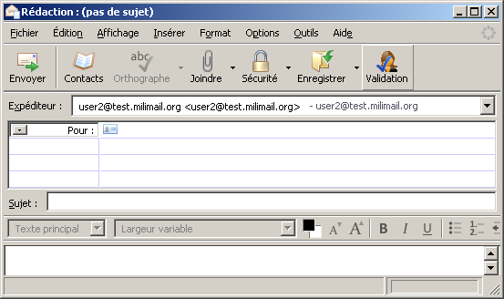 Fenêtre de composition avec le bouton 'Validation' ajouté dans la barre d'outils