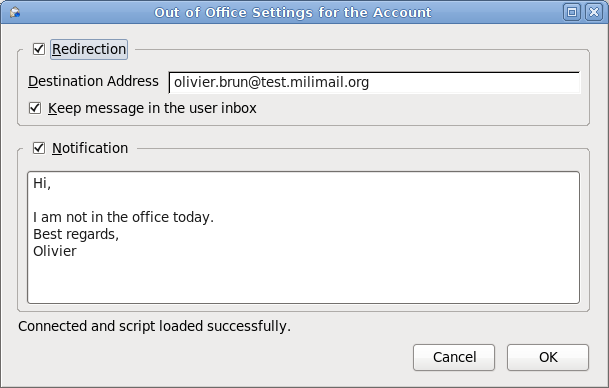 Configuration of emails redirection and "Out of Office" notifications